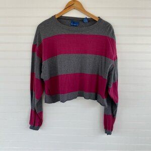 Blue Print Striped Vintage Oversized Cropped Long Sleeve Top Size L